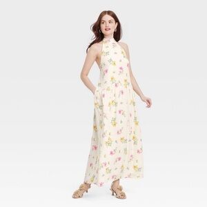 A New Day Tie-Neck Maxi Dress Ivory Floral Backless Halter Sleeveless S Feminine